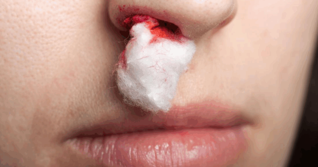 Nosebleed: Close-up of nose with cotton to stop bleeding. Can stress cause bloody noses? Find out more about nosebleed triggers.