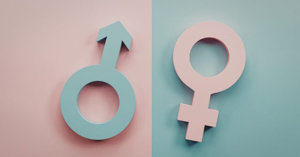 Two 3D gender symbols: blue male on pink left and pink female on teal right, split background.