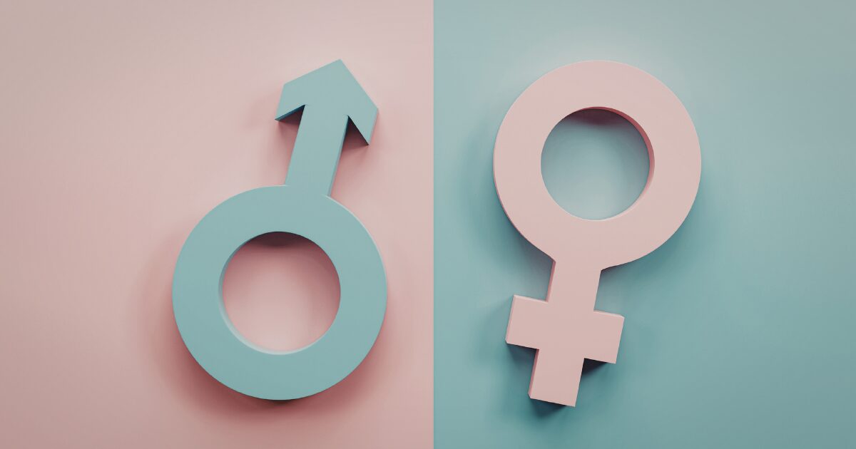 - Treat Mental Health Washington Two 3D gender symbols: blue male on pink left and pink female on teal right, split background.