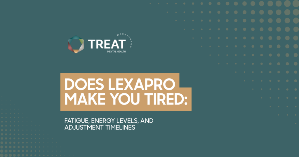Teal hero image with TREAT Mental Health logo and a peach banner reading 'DOES LEXAPRO MAKE YOU TIRED:' and subtitle 'Fatigue, energy levels, and adjustment timelines'.