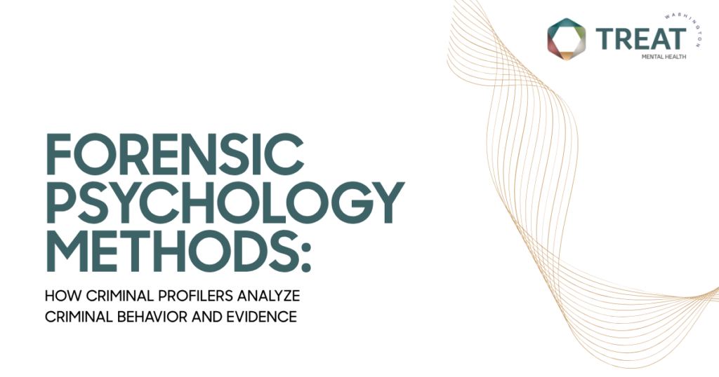 Slide title: Forensic Psychology Methods: How Criminal Profilers Analyze Criminal Behavior and Evidence; decorative waves and TREAT Mental Health logo in the top-right.