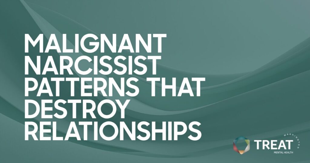 Educational banner: big white text reads 'Malignant Narcissist Patterns That Destroy Relationships' on a teal background, with a small Treat Mental Health logo in the bottom-right.