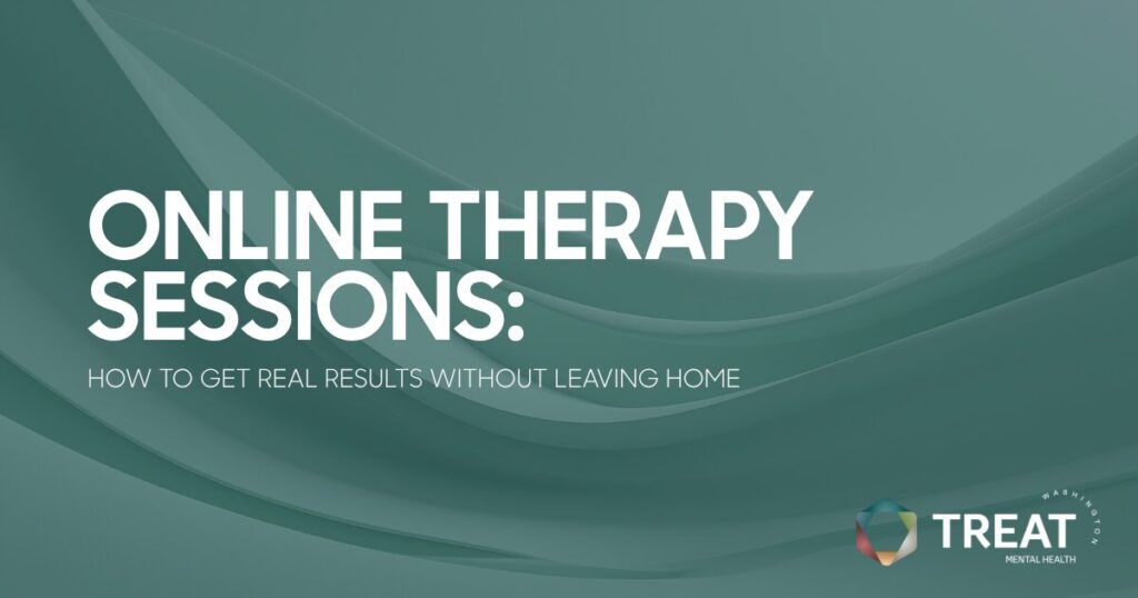 Promotional banner for online therapy: 'Online Therapy Sessions: How to Get Real Results Without Leaving Home' with Treat Mental Health logo in the bottom right.