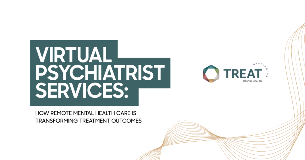Hero banner: 'Virtual Psychiatrist Services' with subtitle about remote mental health transforming outcomes; TREAT logo.