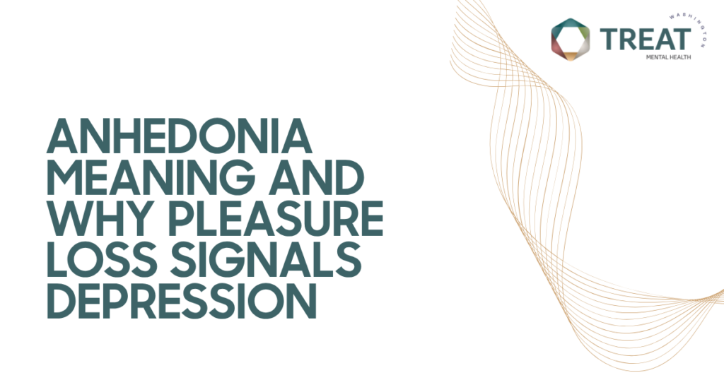 Large teal heading reading: 'ANhedonia Meaning and Why Pleasure Loss Signals Depression'; beige decorative wave lines flow across the right side; TREAT Washington Mental Health logo sits in the top-right corner.
