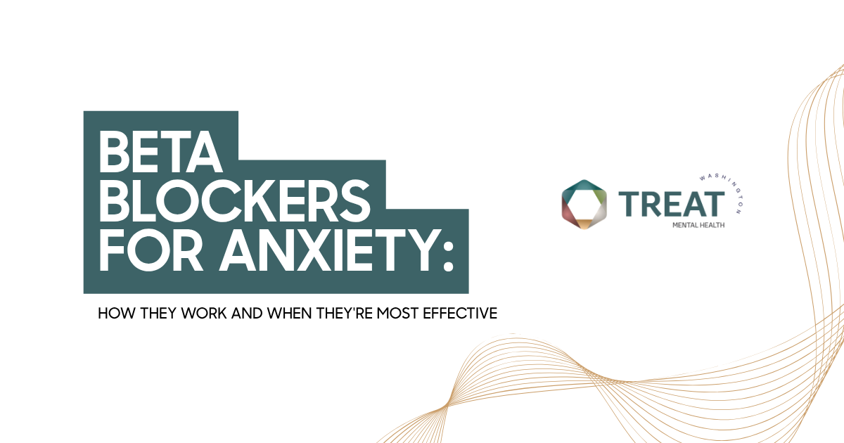 beta-blockers-anxiety-comprehensive-guide-featured - Treat Mental Health Washington Banner graphic for an article: 'Beta Blockers for Anxiety' with subtitle 'How they work and when they’re most effective' and the Treat Mental Health logo, plus decorative curves on the right.