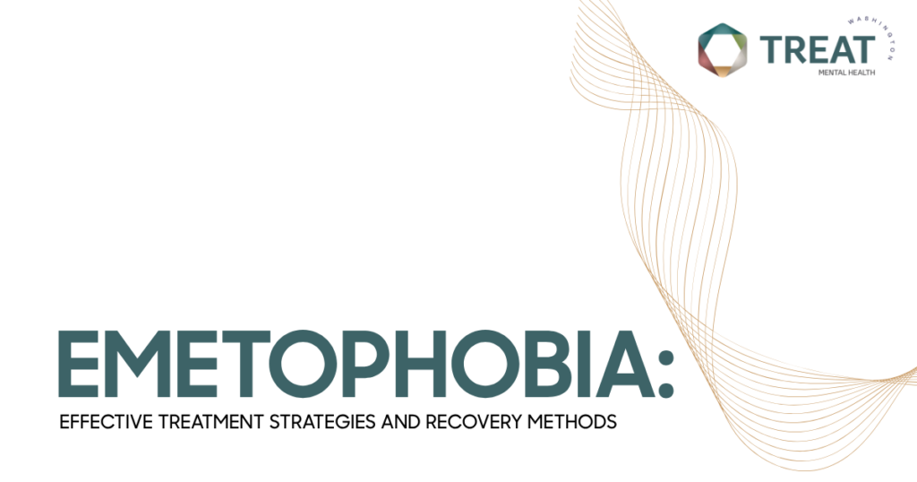 Cover slide: Emetophobia—Effective Treatment Strategies and Recovery Methods, with the TREAT Mental Health logo in the top-right and gold decorative waves on a white background.